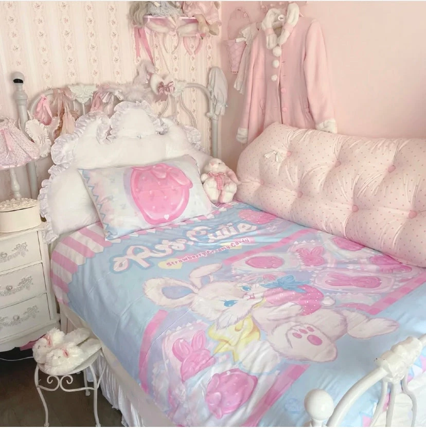 EverythingCuteClub Rabbit Strawberry Girly Room Bedding Set Cotton Bed Linen Bed Linen / Bedding Sets 3 EverythingCuteClub Rabbit Strawberry Girly Room Bedding Set Cotton Bed Linen Bed Linen / Bedding Sets
