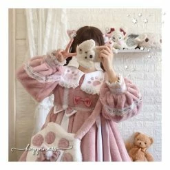 EverythingCuteClub Super Warm Soft Fleece Soft Milk Kitty Dress