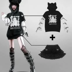 EverythingCuteClub Dark Goth Cat Ear Rose Fantasy Anime Hoodie Chiffon