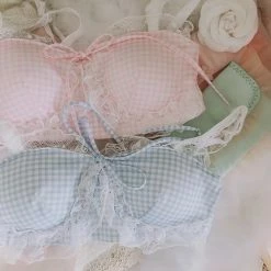 EverythingCuteClub Light Pink Check/ Light Blue Check Girly Bralette Bra + Panties One Set Lingerie + Panties + Sleepwear + Socks