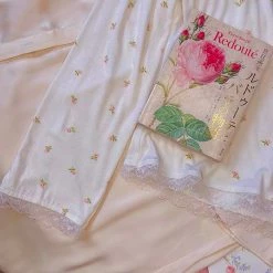 EverythingCuteClub 3 Pieces Girly Flower Print Pattern Pyjamas Set Cami Lingerie + Panties + Sleepwear + Socks