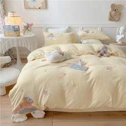 EverythingCuteClub Premium Baby Soft Fleece Rainbow Bear Cream Yellow / Baby Blue/ Baby Pink Bedding Set Duvet Cover Bed Sheet Pillow Cases Bedding Set