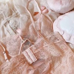 EverythingCuteClub The Dream Of White Peach Lace Lingerie Babydoll Lingerie + Panties + Sleepwear + Socks
