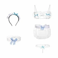 EverythingCuteClub Lingerie + Panties + Sleepwear + Socks White Blue Lace Lingerie Playful Set