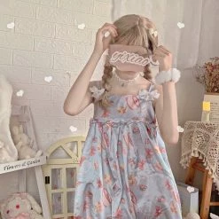 EverythingCuteClub Lingerie + Panties + Sleepwear + Socks Strawberry Blue Cake Blue Satin Summer Spring Pyjamas Dress