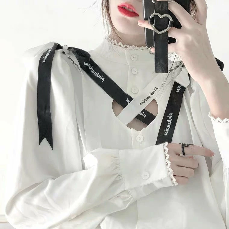 Savior Cross Ribbon Hollow Out White Shirt 3 Savior Cross Ribbon Hollow Out White Shirt