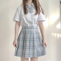 EverythingCuteClub Bottom Sea Salt White Tea Skirt Plaid Pleated Jk Skirt
