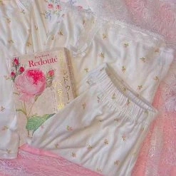 EverythingCuteClub 3 Pieces Girly Flower Print Pattern Pyjamas Set Cami Lingerie + Panties + Sleepwear + Socks