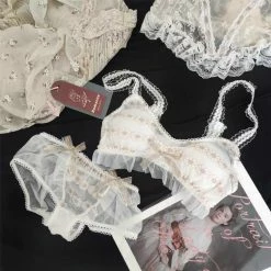 EverythingCuteClub Lace Gold Bra And Panties Set Fairy Girl French Style Lingerie + Panties + Sleepwear + Socks