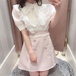 EverythingCuteClub Check Skirt Girly Lace Bottom