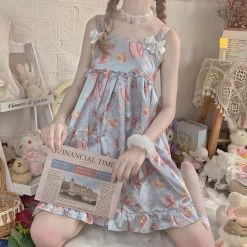 EverythingCuteClub Lingerie + Panties + Sleepwear + Socks Strawberry Blue Cake Blue Satin Summer Spring Pyjamas Dress