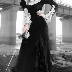 EverythingCuteClub Dark Gothic Mid Century Vampire Night Dress Lace And Black Velvet Mermaid Dress