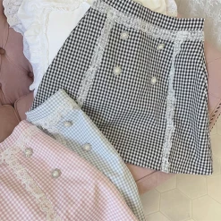 EverythingCuteClub Check Skirt Girly Lace Bottom