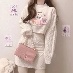 EverythingCuteClub Pinky Rabbit Sweater One Set Too Long Sleeve + Skirt Cute Outfit Bottom