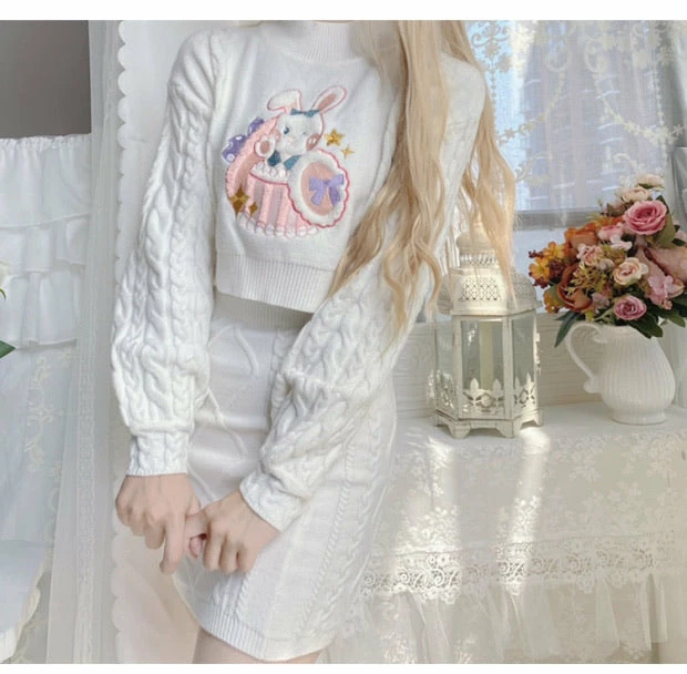 EverythingCuteClub Pinky Rabbit Sweater One Set Too Long Sleeve + Skirt Cute Outfit Bottom 8 EverythingCuteClub Pinky Rabbit Sweater One Set Too Long Sleeve + Skirt Cute Outfit Bottom