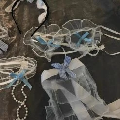 EverythingCuteClub Lingerie + Panties + Sleepwear + Socks White Blue Lace Lingerie Playful Set