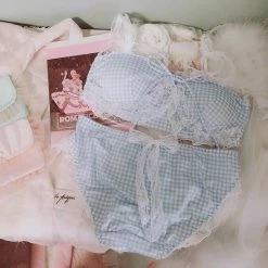EverythingCuteClub Light Pink Check/ Light Blue Check Girly Bralette Bra + Panties One Set Lingerie + Panties + Sleepwear + Socks