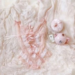 EverythingCuteClub The Dream Of White Peach Lace Lingerie Babydoll Lingerie + Panties + Sleepwear + Socks