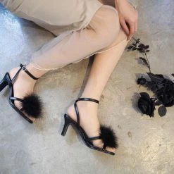 EverythingCuteClub Fur Ball Fluffy High Heel Sandal