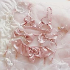 EverythingCuteClub Peach Pink Sweet Heart Sexy Lingerie Set (bra+panties+garters)