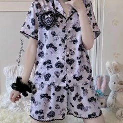 EverythingCuteClub, Camiyo Purple Summer Pajamas Pyjamas Set Black Heart
