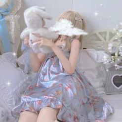 EverythingCuteClub Lingerie + Panties + Sleepwear + Socks Strawberry Blue Cake Blue Satin Summer Spring Pyjamas Dress