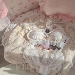 EverythingCuteClub Lace Gold Bra And Panties Set Fairy Girl French Style Lingerie + Panties + Sleepwear + Socks