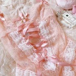 EverythingCuteClub The Dream Of White Peach Lace Lingerie Babydoll Lingerie + Panties + Sleepwear + Socks