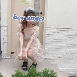 EverythingCuteClub Dress + Rompers Flower Dot Puff Sleeve Dress High Waist Babydoll