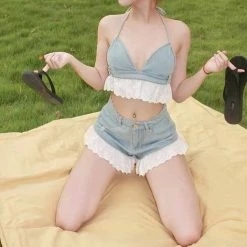 EverythingCuteClub Jeans Blue Crop Camisole Shorts Red Checked Ribbon Top