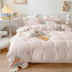 EverythingCuteClub Premium Baby Soft Fleece Rainbow Bear Cream Yellow / Baby Blue/ Baby Pink Bedding Set Duvet Cover Bed Sheet Pillow Cases Bedding Set