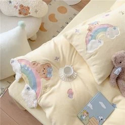 EverythingCuteClub Premium Baby Soft Fleece Rainbow Bear Cream Yellow / Baby Blue/ Baby Pink Bedding Set Duvet Cover Bed Sheet Pillow Cases Bedding Set