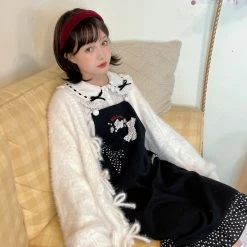 EverythingCuteClub Creamy Pink / White Red Sweater Cardigan