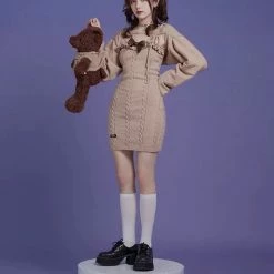 EverythingCuteClub Dress + Rompers Milk Tea Sweater 2pc Set Cardigan + Dress 2021fw