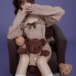 EverythingCuteClub Dress + Rompers Milk Tea Sweater 2pc Set Cardigan + Dress 2021fw