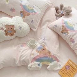 EverythingCuteClub Premium Baby Soft Fleece Rainbow Bear Cream Yellow / Baby Blue/ Baby Pink Bedding Set Duvet Cover Bed Sheet Pillow Cases Bedding Set