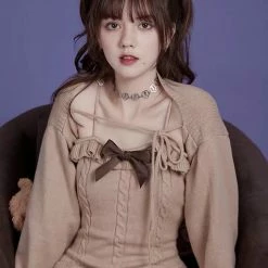 EverythingCuteClub Dress + Rompers Milk Tea Sweater 2pc Set Cardigan + Dress 2021fw