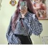 EverythingCuteClub Black White Checkered Print Collar Blouse Shirt Top