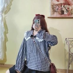 EverythingCuteClub Black White Checkered Print Collar Blouse Shirt Top