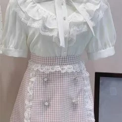 EverythingCuteClub Check Skirt Girly Lace Bottom