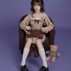 EverythingCuteClub Dress + Rompers Milk Tea Sweater 2pc Set Cardigan + Dress 2021fw