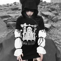 EverythingCuteClub Dark Goth Cat Ear Rose Fantasy Anime Hoodie Chiffon